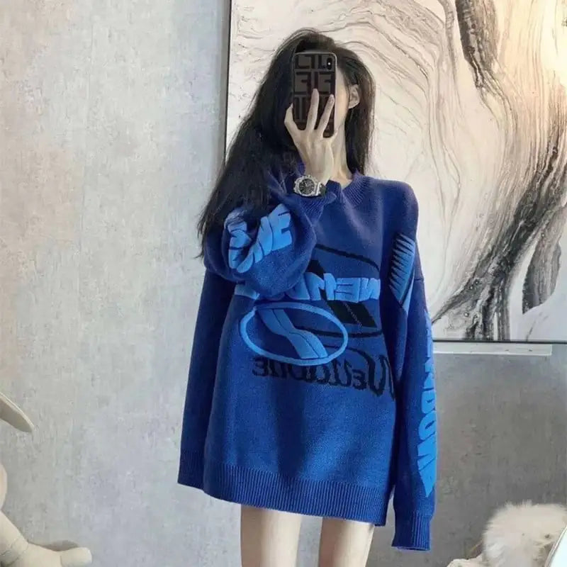 Women’s Simple Knitted Loose Letter Jacquard Sweater